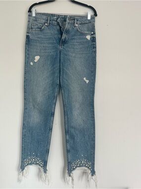 H&M Light Blue Distressed Ankle Jeans with Pearl Trim